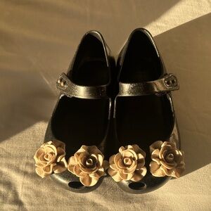 Mini Melissa Black Mary Jane Shoes with Cream Floral Design